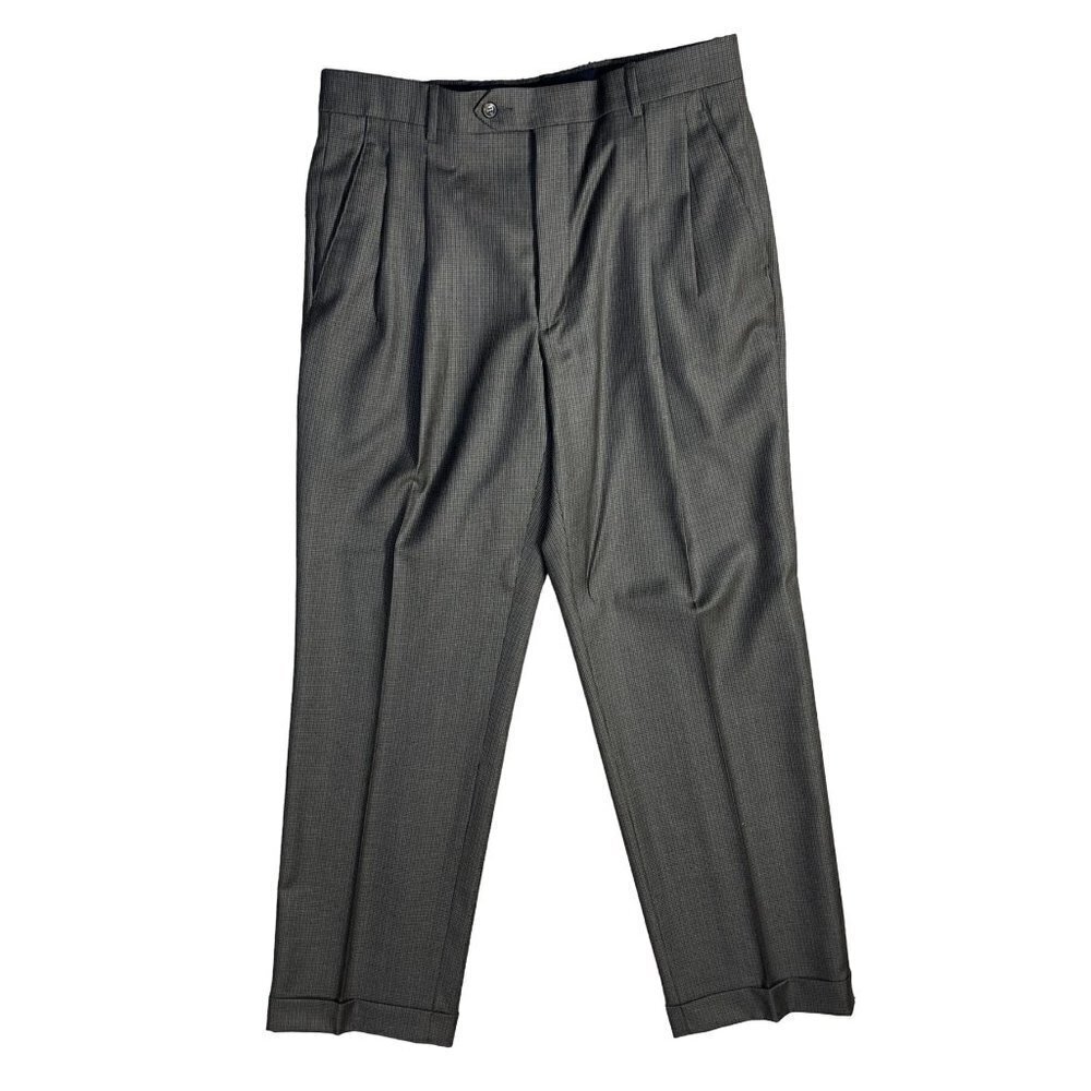 Joseph A. Banks Men's Wool Dress Pants Pleated Brown Taupe Check Size 33 Regular